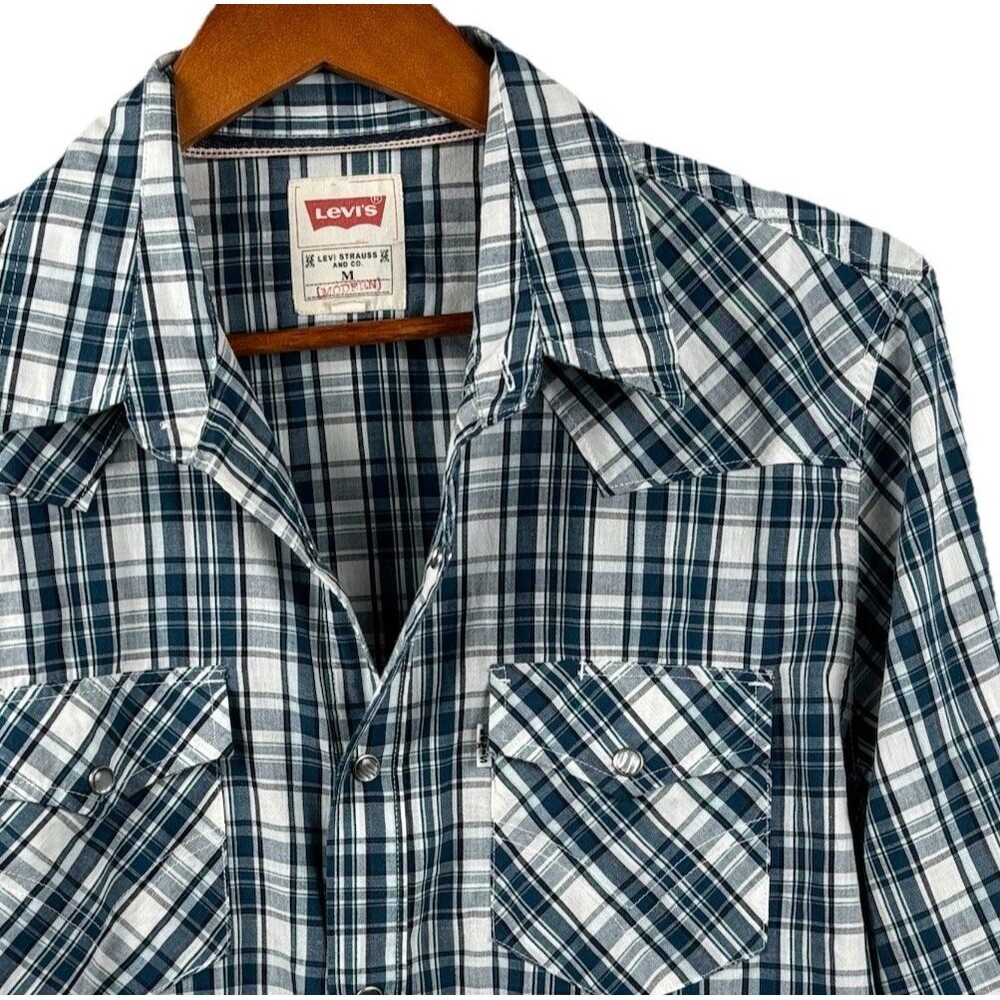 Levi Strauss Pearl Snap Long Sleeve Western Cowboy Shirt Men's Medium Blue Plaid